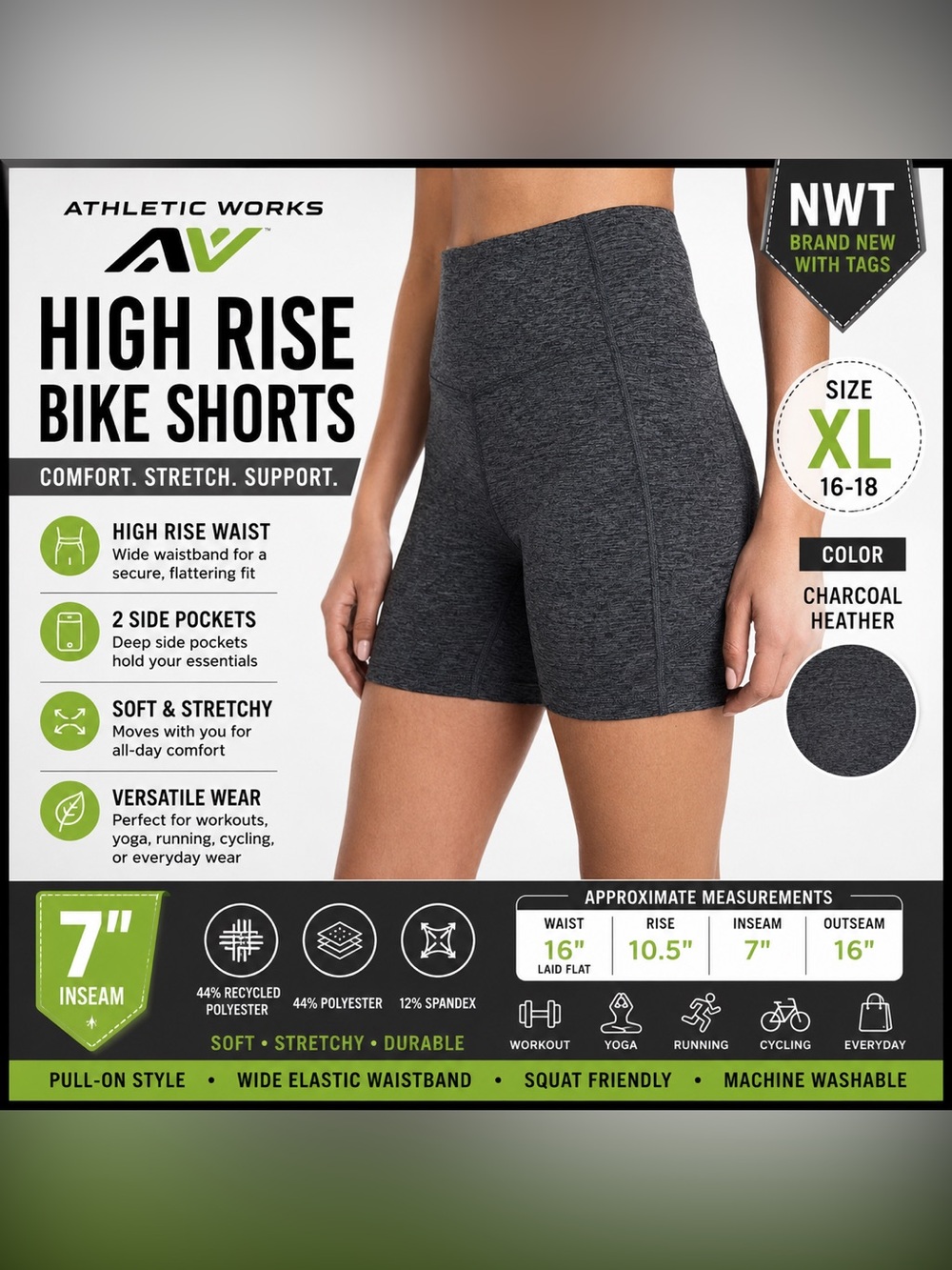Athletic Works Women’s High Rise 7” Bike Shorts Pockets XL 16-18 Charcoal NWT - Picture 3 of 16